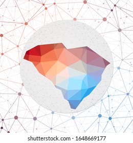 Abstract vector map of South Carolina in a geometric style with a 3D triangular mesh background.