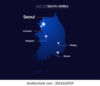 Abstract vector map of South Korea with capital and major cities. Dots composition map on dark background.