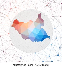 Abstract vector map of South Sudan. Technology in the country geometric style poster. Polygonal South Sudan map on 3D triangular mesh background. EPS10 Vector.