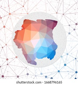 Abstract vector map of Suriname in a geometric style with a 3D triangular mesh background, representing technology and connectivity.