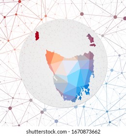 Abstract vector map of Tasmania. Technology in the island geometric style poster. Polygonal Tasmania map on 3d triangular mesh background. EPS10 Vector.