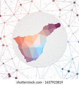 Abstract vector map of Tenerife. Technology in the island geometric style poster. Polygonal Tenerife map on 3d triangular mesh backgound. EPS10 Vector.