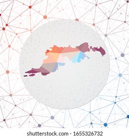 Mapa vector abstracto de Tortola. Tecnología en el afiche de estilo geométrico de la isla. Mapa de Tortola polígono sobre fondo triangular de malla 3d. Vector EPS10.