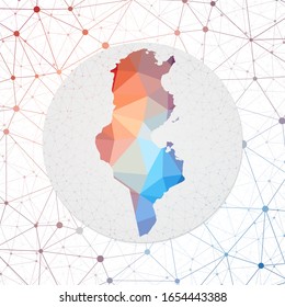 Abstract vector map of Tunisia. Technology in the country geometric style poster. Polygonal Tunisia map on 3D triangular mesh background. EPS10 Vector.