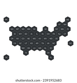 Abstract vector map of United States of America, aka USA or US. Simple flat mosaic illustration of white hexagons on white background.