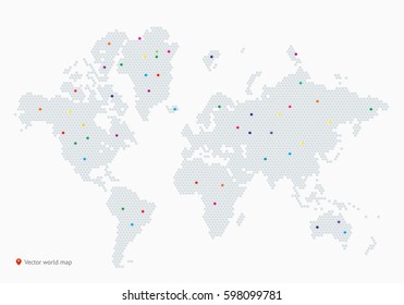 Abstract vector map of the world from dot forms with placemark for filling out infographic, business templates, covers, web sites, interfaces, business cards, catalogs, brochures, annual reports.