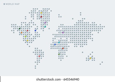 Abstract vector map of the world from dot forms with placemarks for filling out infographics, business templates, covers, web sites, interfaces, business cards, catalogs, brochures, annual reports.