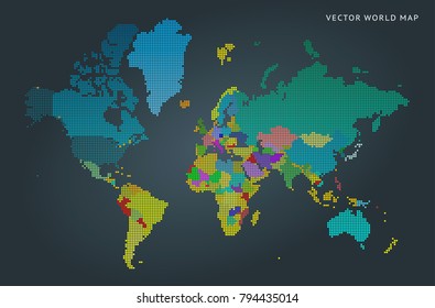 Abstract vector map of the world from dot forms with placemarks for filling out infographics, business templates, covers, web sites, interfaces, business cards, catalogs, brochures, annual reports.