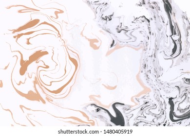 Abstract vector marble background. Orange, black and white colors. Ink marble texture. Marble effect painting.  Mixed acrylic paints. Contemporary art.