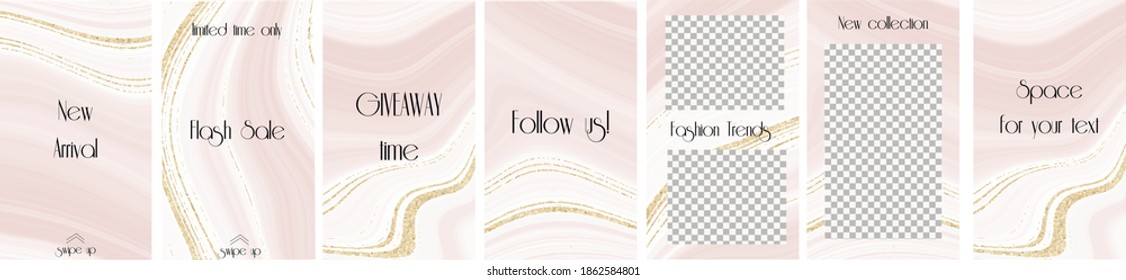Abstract vector marble design background set for store. Design for social media, story, feed post. Glitter style.