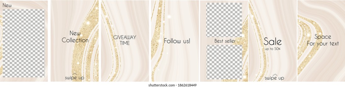 Abstract vector marble design background set for store. Design for social media, story, feed post. Glitter style.