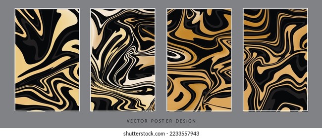 Abstract vector marble texture black gold colour poster design grey frame background. 