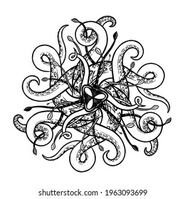 Abstract Vector Marine Radial Symmetry Ornament With Tentacles And Suction Cups