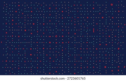 Abstract vector medical background with genomic microarray grid showing DNA sequencing data analysis or bacterial screening test with red markers on dark blue layout.