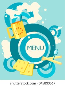 Abstract vector menu design with random size blue circles, yellow big coffee mug, couple of cookies, sugar sticks and a tea spoon. Steam from cup floats around. Template for a restaurant menu cover