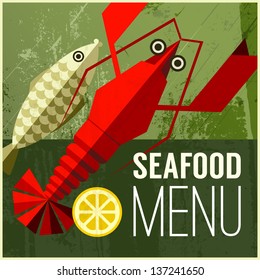 Abstract vector menu poster with fish, lemon, lobster and " seafood menu' phrase on green grunge background. Vintage poster with food icons. Can be used for bar menu, restaurant menu and other designs