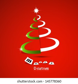 Abstract vector Merry Christmas theme, white and green tree on red background