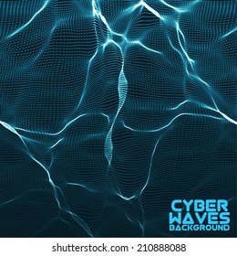 Abstract Vector Mesh Background. Point Cloud. Chaotic Light Waves. Technological Cyberspace Background. Cyber Waves.