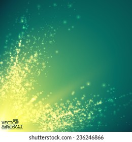 Abstract vector mesh background. Shinig comet with glowing poit tail on the green background. Futuristic style card. Elegant background for business presentations. Eps 10.