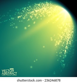 Abstract vector mesh background. Shinig comet with glowing poit tail on the green background. Futuristic style card. Elegant background for business presentations. Eps 10.