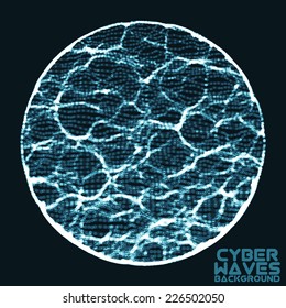 Abstract vector mesh background. Spherical point cloud. Chaotic light waves. Technological cyberspace background. Cyber waves.
