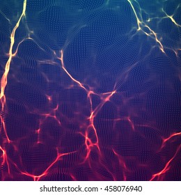 Abstract Vector Mesh Background. Violet Point Cloud. Chaotic Light Waves. Technological Cyberspace Background. Cyber Waves.
