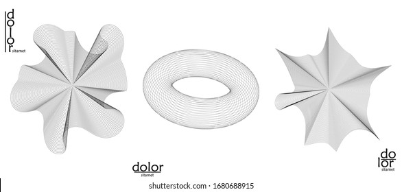 Abstract vector mesh object icon set. Polygonal geometric shape. Computer modeling for math or chemistry. Line optical art design. Outline wavy surface. Wire frame logo design. 