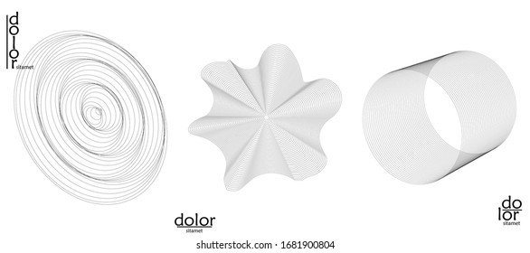 Abstract vector mesh object icon set. Polygonal geometric shape. Computer modeling for math or chemistry. Line optical art design. Outline wavy surface. Wire frame logo design. 