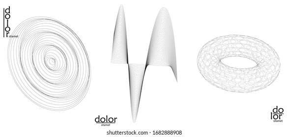 Abstract vector mesh object icon set. Polygonal geometric shape. Computer modeling for math or chemistry. Line optical art design. Outline wavy surface. Wire frame logo design. 