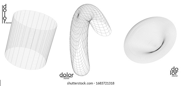 Abstract vector mesh object icon set. Polygonal geometric shape. Computer modeling for math or chemistry. Line optical art design. Outline wavy surface. Wire frame logo design. 