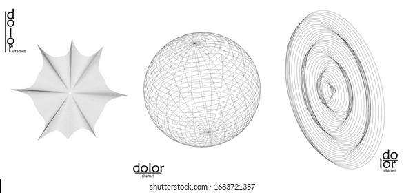 Abstract vector mesh object icon set. Polygonal geometric shape. Computer modeling for math or chemistry. Line optical art design. Outline wavy surface. Wire frame logo design. 