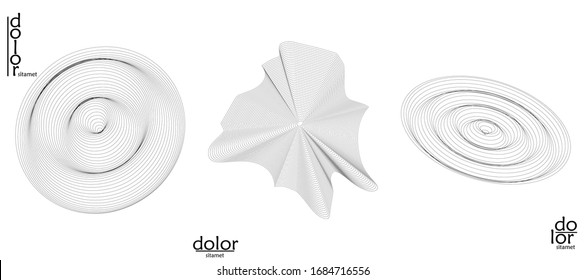 Abstract vector mesh object icon set. Polygonal geometric shape. Computer modeling for math or chemistry. Line optical art design. Outline wavy surface. Wire frame logo design. 