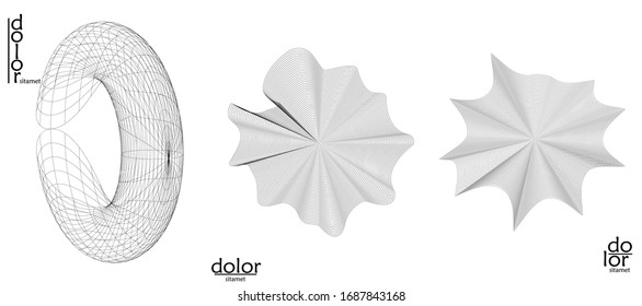 Abstract vector mesh object icon set. Polygonal geometric shape. Computer modeling for math or chemistry. Line optical art design. Outline wavy surface. Wire frame logo design. 