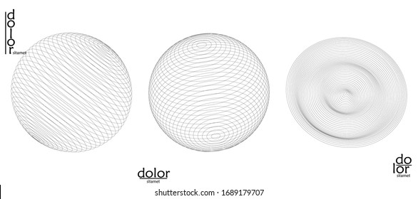 Abstract vector mesh object icon set. Polygonal geometric shape. Computer modeling for math or chemistry. Line optical art design. Outline wavy surface. Wire frame logo design. 