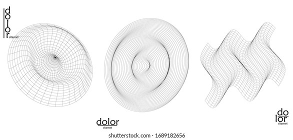 Abstract vector mesh object icon set. Polygonal geometric shape. Computer modeling for math or chemistry. Line optical art design. Outline wavy surface. Wire frame logo design. 