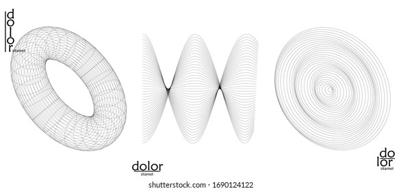 Abstract vector mesh object icon set. Polygonal geometric shape. Computer modeling for math or chemistry. Line optical art design. Outline wavy surface. Wire frame logo design. 