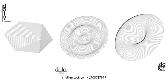 Abstract vector mesh object icon set. Polygonal geometric shape. Computer modeling for math or chemistry. Line optical art design. Outline wavy surface. Wire frame logo design. 