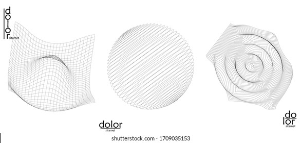 Abstract vector mesh object icon set. Polygonal geometric shape. Computer modeling for math or chemistry. Line optical art design. Outline wavy surface. Wire frame logo design. 