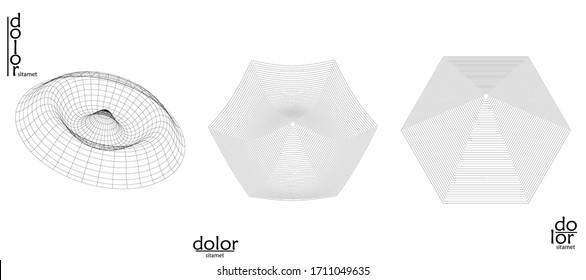 Abstract vector mesh object icon set. Polygonal geometric shape. Computer modeling for math or chemistry. Line optical art design. Outline wavy surface. Wire frame logo design. 