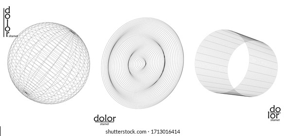 Abstract vector mesh object icon set. Polygonal geometric shape. Computer modeling for math or chemistry. Line optical art design. Outline wavy surface. Wire frame logo design. 