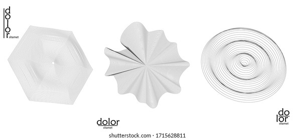 Abstract vector mesh object icon set. Polygonal geometric shape. Computer modeling for math or chemistry. Line optical art design. Outline wavy surface. Wire frame logo design. 