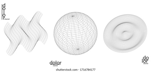Abstract vector mesh object icon set. Polygonal geometric shape. Computer modeling for math or chemistry. Line optical art design. Outline wavy surface. Wire frame logo design. 