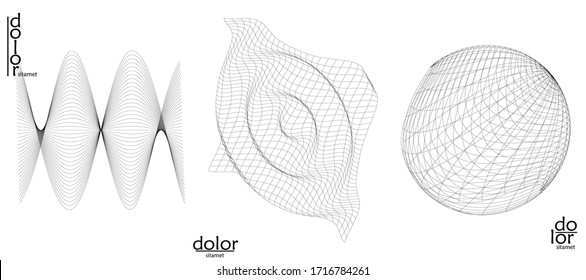 Abstract vector mesh object icon set. Polygonal geometric shape. Computer modeling for math or chemistry. Line optical art design. Outline wavy surface. Wire frame logo design. 