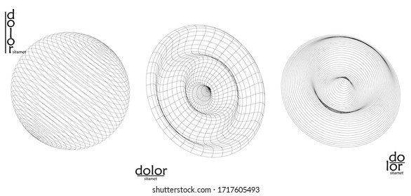 Abstract vector mesh object icon set. Polygonal geometric shape. Computer modeling for math or chemistry. Line optical art design. Outline wavy surface. Wire frame logo design. 