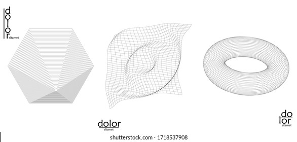 Abstract vector mesh object icon set. Polygonal geometric shape. Computer modeling for math or chemistry. Line optical art design. Outline wavy surface. Wire frame logo design. 