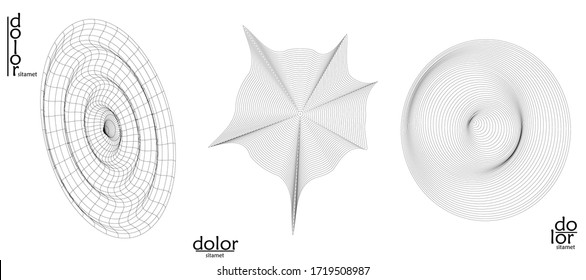 Abstract vector mesh object icon set. Polygonal geometric shape. Computer modeling for math or chemistry. Line optical art design. Outline wavy surface. Wire frame logo design. 