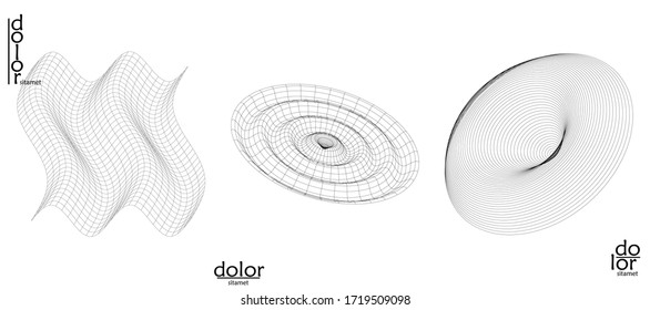 Abstract vector mesh object icon set. Polygonal geometric shape. Computer modeling for math or chemistry. Line optical art design. Outline wavy surface. Wire frame logo design. 
