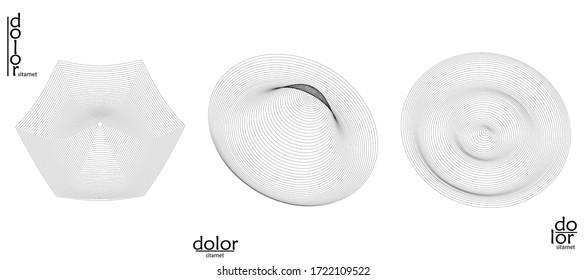 Abstract vector mesh object icon set. Polygonal geometric shape. Computer modeling for math or chemistry. Line optical art design. Outline wavy surface. Wire frame logo design. 