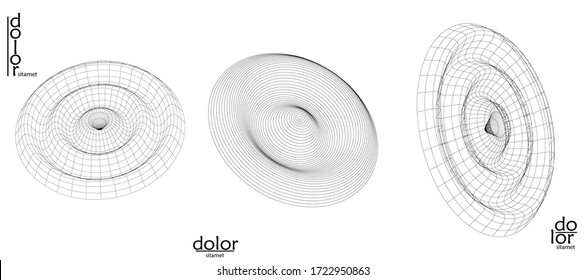 Abstract vector mesh object icon set. Polygonal geometric shape. Computer modeling for math or chemistry. Line optical art design. Outline wavy surface. Wire frame logo design. 