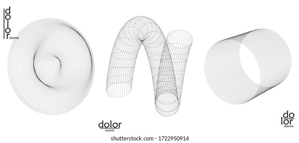 Abstract vector mesh object icon set. Polygonal geometric shape. Computer modeling for math or chemistry. Line optical art design. Outline wavy surface. Wire frame logo design. 